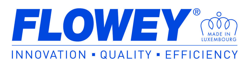 Logo der Marke Flowey mit den Stichgpunkten Innovation Quality und efficiency darunter. Die Marke bietet Produkte an, um das Auto zuhause zu waschen und pflegen.